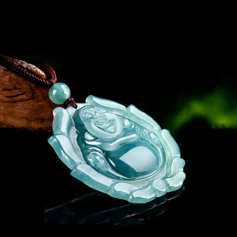 Buddha Stones pendentif porte-bonheur en jade naturel avec motif de lotus et de Bouddha rieur - image 5