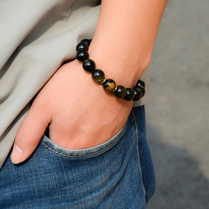 Bracelet de protection de richesse en obsidienne dorée avec Bouddha du zodiaque chinois