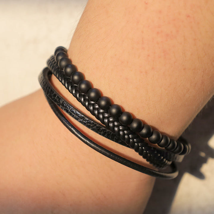 Bracelet en cuir avec perles en pierre de lave naturelle et onyx noir Buddha Stones