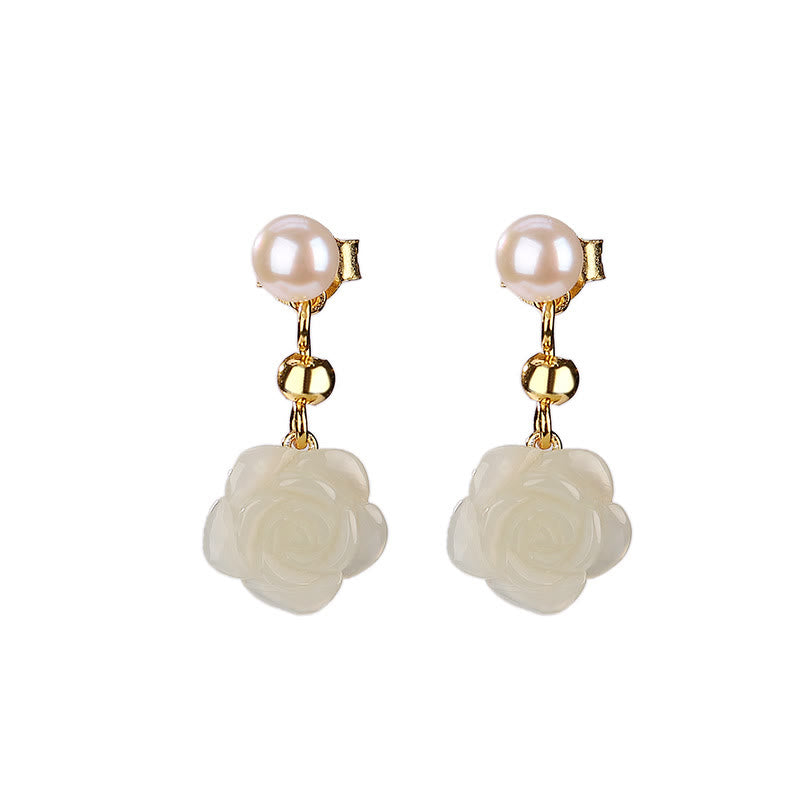 Buddha Stones d'oreilles porte-bonheur en argent sterling 925 plaqué or et jade rose avec perles de jade cyan