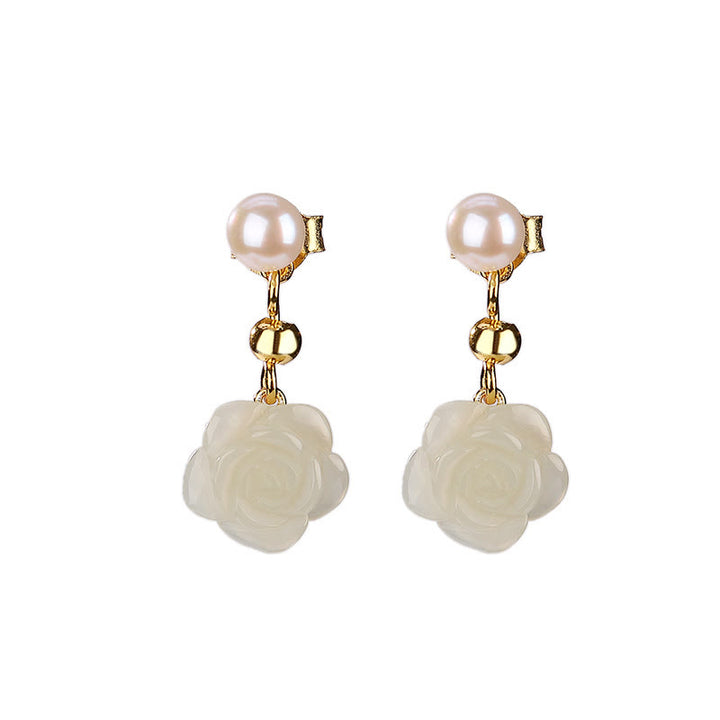 Buddha Stones d'oreilles porte-bonheur en argent sterling 925 plaqué or et jade rose avec perles de jade cyan
