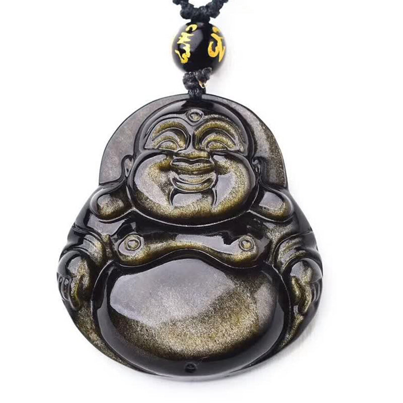 Buddha Stones Bouddha rieur Collier d'obsidienne à reflets d'or Pendentif de richesse - image 7