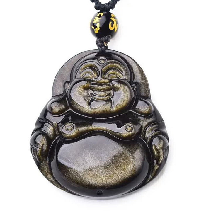 Buddha Stones Bouddha rieur Collier d'obsidienne à reflets d'or Pendentif de richesse - image 7