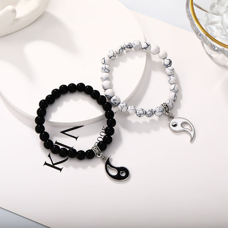 Bracelet de couple Yin Yang en perles de turquoise blanches et onyx noir Buddha Stones 2 pièces