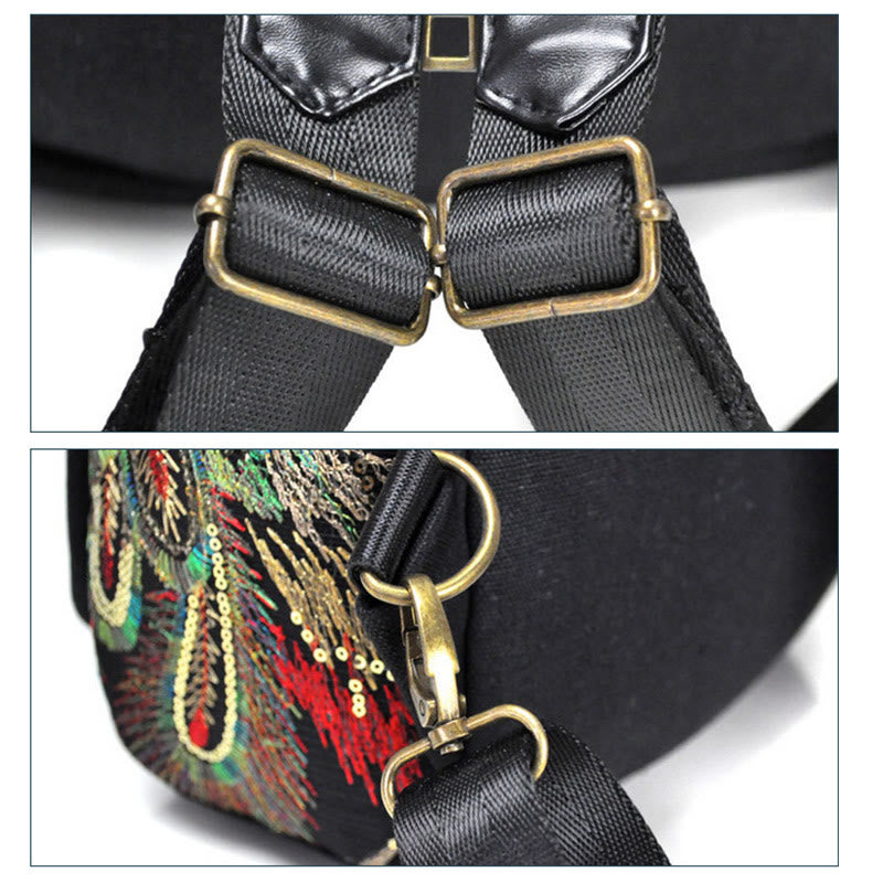 Sac à dos à pompons en toile avec broderies de paon et Buddha Stones