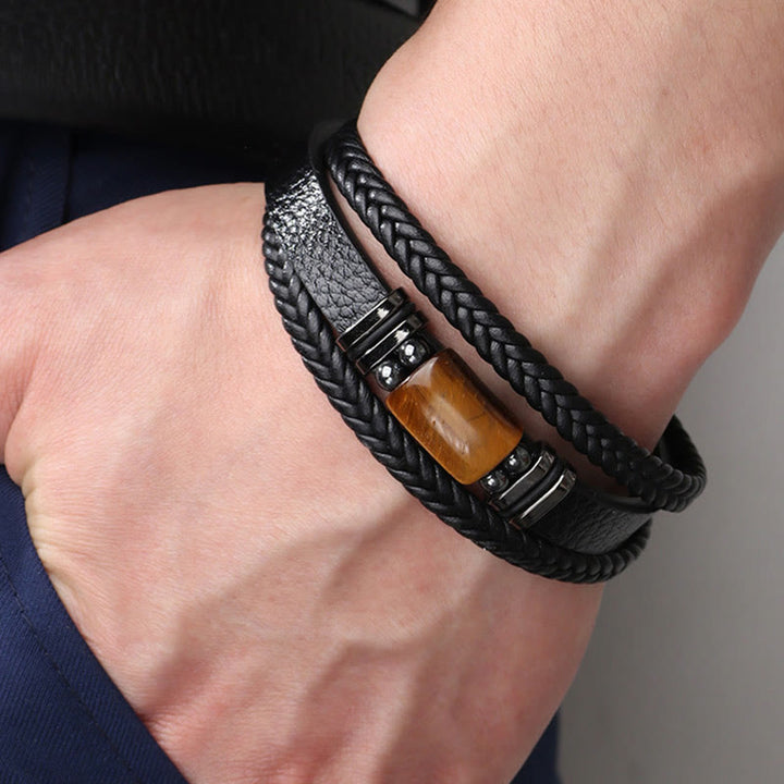 Bracelet en cuir multicouche avec boucle magnétique et Buddha Stones œil de tigre