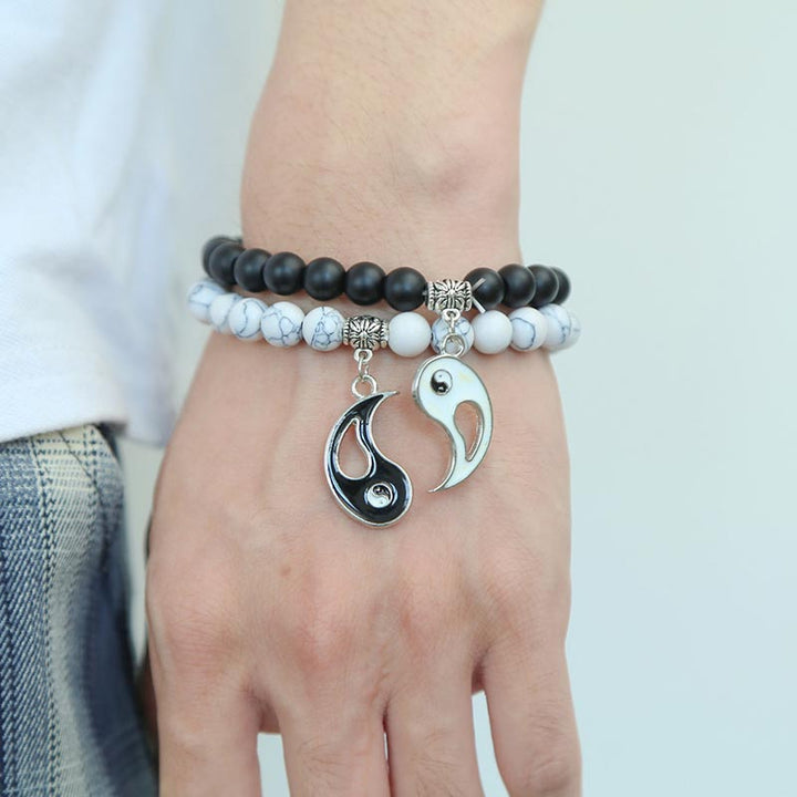 Bracelet couple Yin Yang en perles de turquoise blanche et onyx noir naturel 2 pièces Buddha Stones - image 3