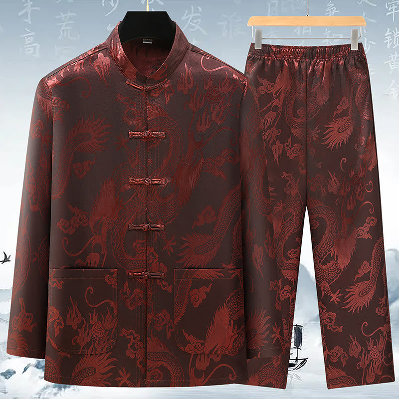 Costume Tang en Buddha Stones pour hommes, vêtements traditionnels chinois Hanfu, chemise de Kung Fu, uniforme, manteau à manches longues, hauts et pantalons, vêtements pour hommes - Brun - US/UK/AU42，EU52 (3XL) - image 3