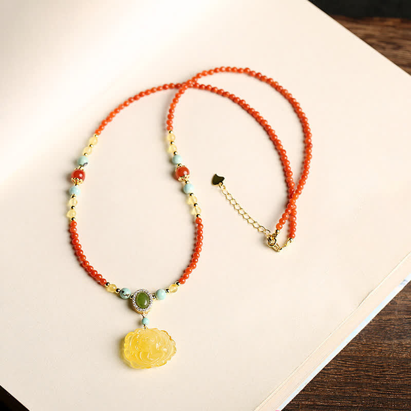 Collier pendentif en argent sterling 925 avec agate rouge naturelle et pivoine