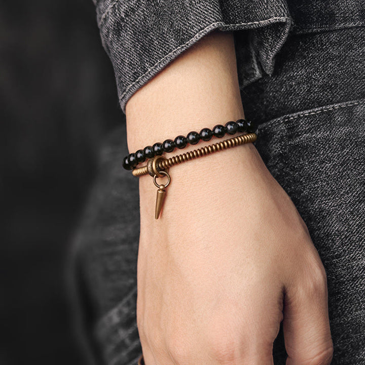 Bracelet double couche de guérison de la paix intérieure en cuivre et obsidienne arc-en-ciel en Buddha Stones