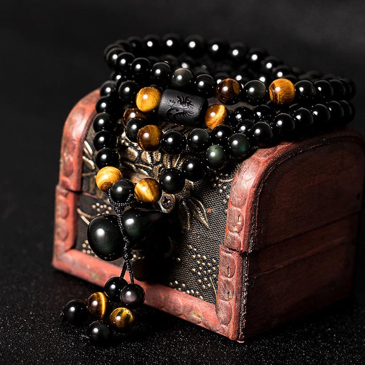 Bracelet Mala en obsidienne noire naturelle avec Buddha Stones et gourde arc-en-ciel