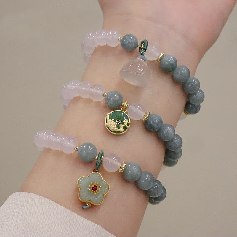 Bracelet de protection avec boucle de paix en Buddha Stones et jade blanc et fleur de lotus