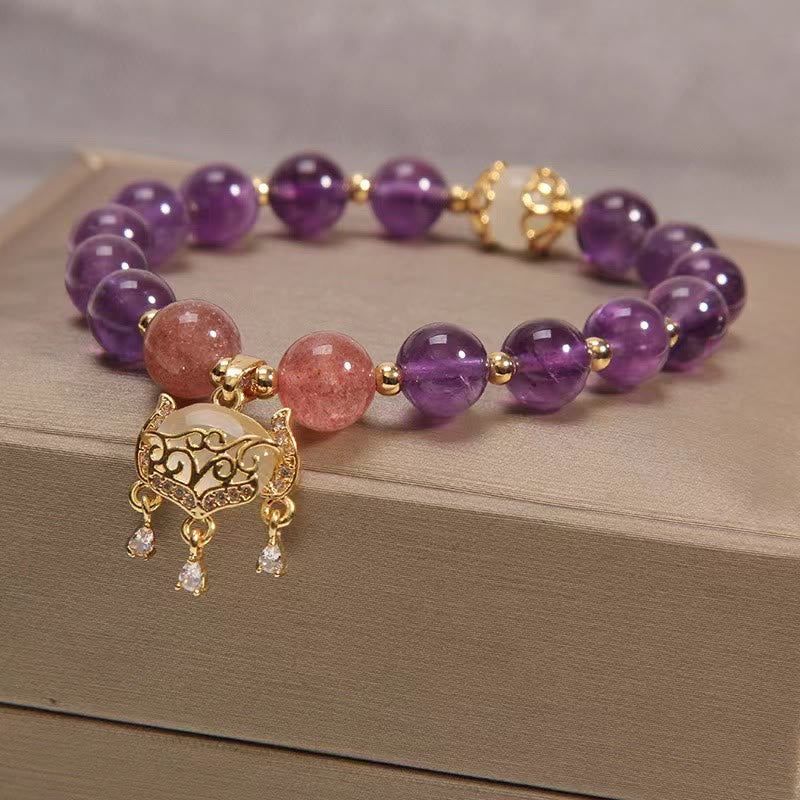 Bracelet de guérison à breloques en forme de cadenas chinois en améthyste naturelle et quartz fraise œil de chat - image 4