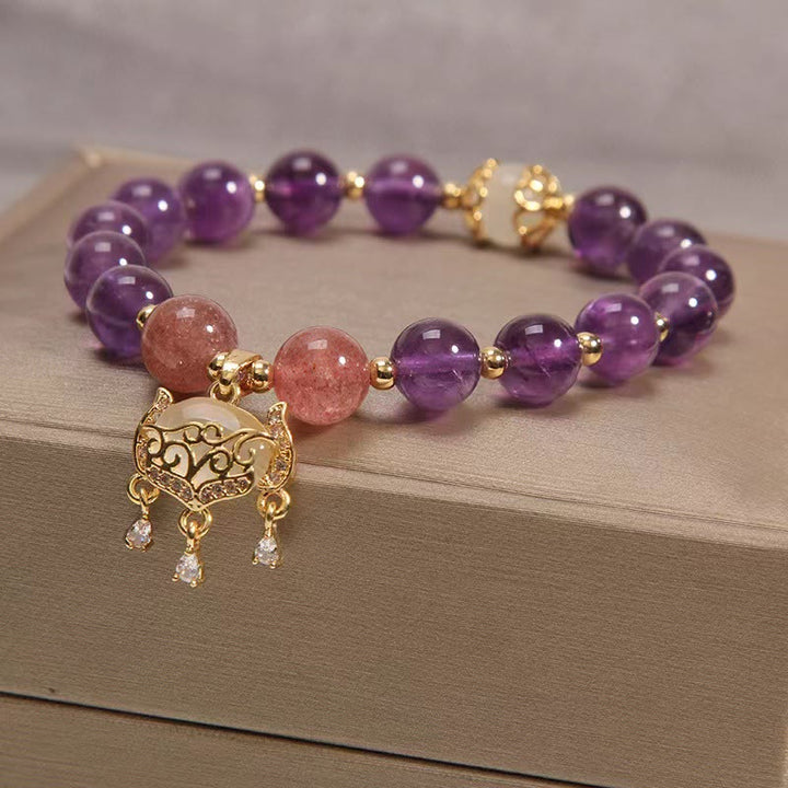 Bracelet de guérison à breloques en forme de cadenas chinois en améthyste naturelle et quartz fraise œil de chat - image 4