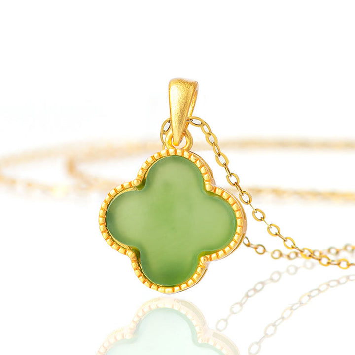Collier pendentif trèfle à quatre feuilles en jade naturel Hetian en argent sterling 925 Buddha Stones