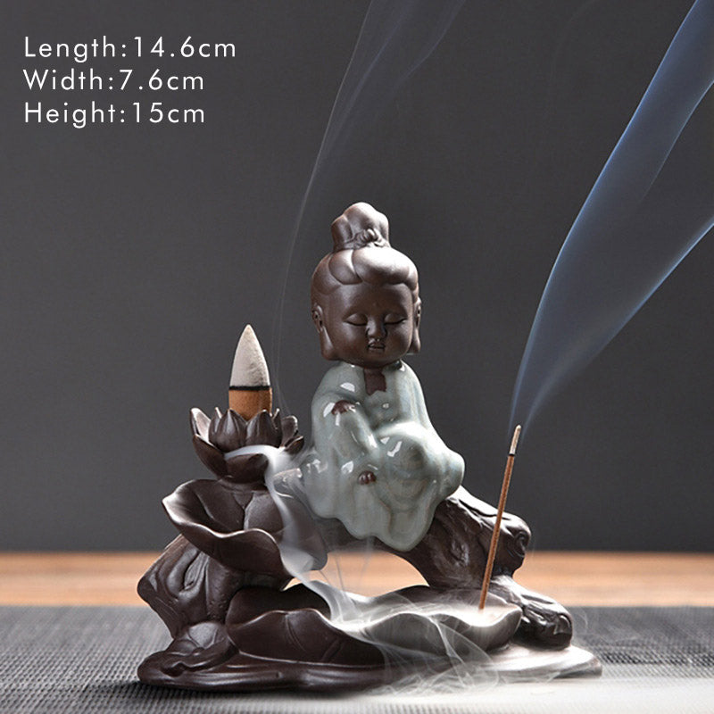 Brûleur d'encens en céramique avec bénédiction de lotus et petit moine en Buddha Stones