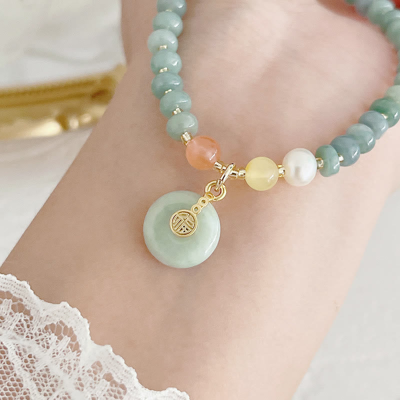 Buddha Stones Bracelet porte-bonheur PiXiu en jade naturel Hetian avec boucle de paix et personnage Fu