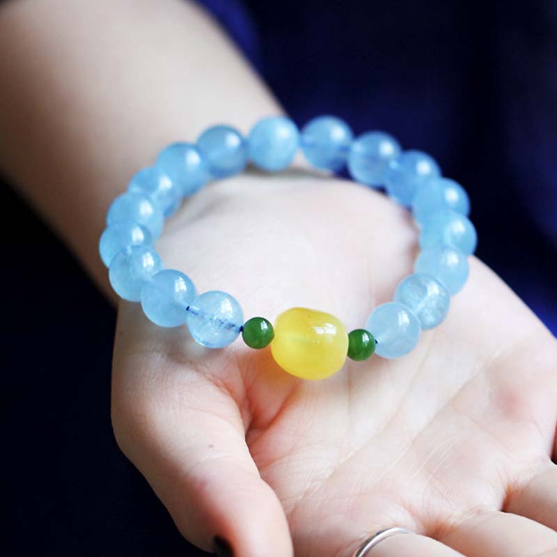 Bracelet de guérison et de sérénité en perles d'ambre et d'aigue-marine naturelles