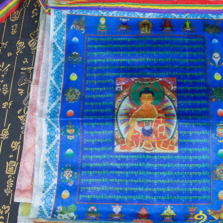 Buddha Stones Drapeau de prière extérieur tibétain à cinq couleurs représentant le Bouddha du Cheval de Vent et Tara, symbole de guérison et de bon augure - image 18