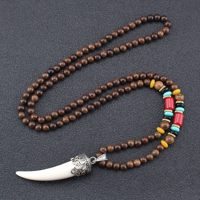 Collier pendentif de méditation en bois de wengé et pierre turquoise de style corne