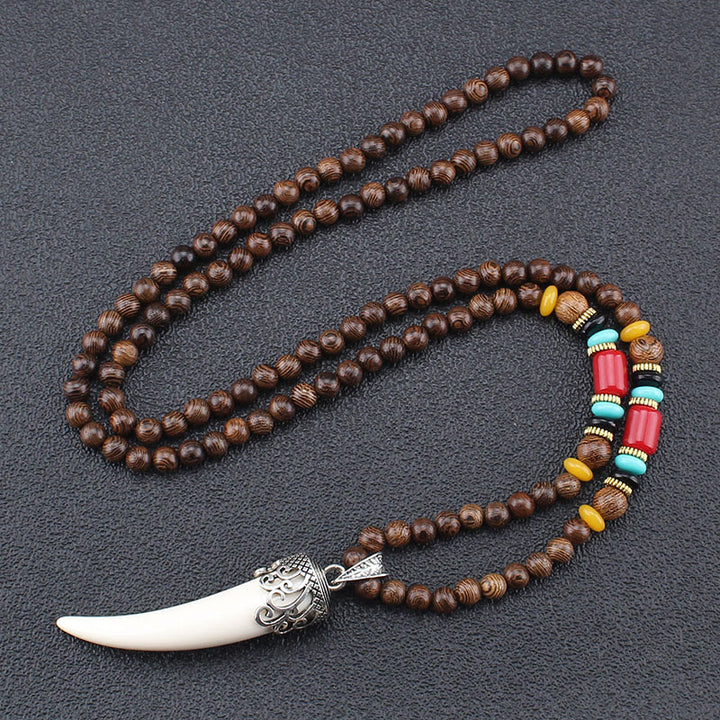Collier pendentif de méditation en bois de wengé et pierre turquoise de style corne