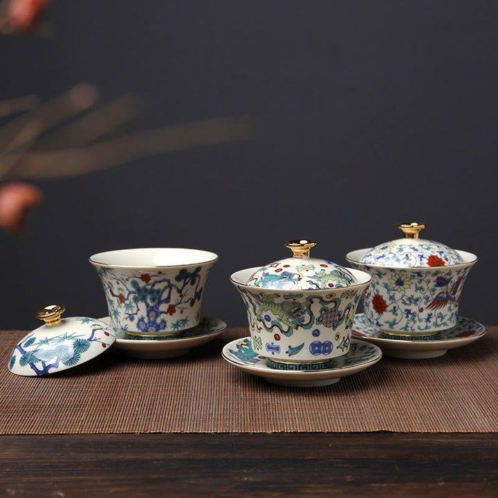 Buddha Stones Rétro Fleur de Prunier Pin Bambou Phénix Kirin Céramique Gaiwan Sancai Tasse à Thé Kung Fu Tasse à Thé et Soucoupe avec Couvercle