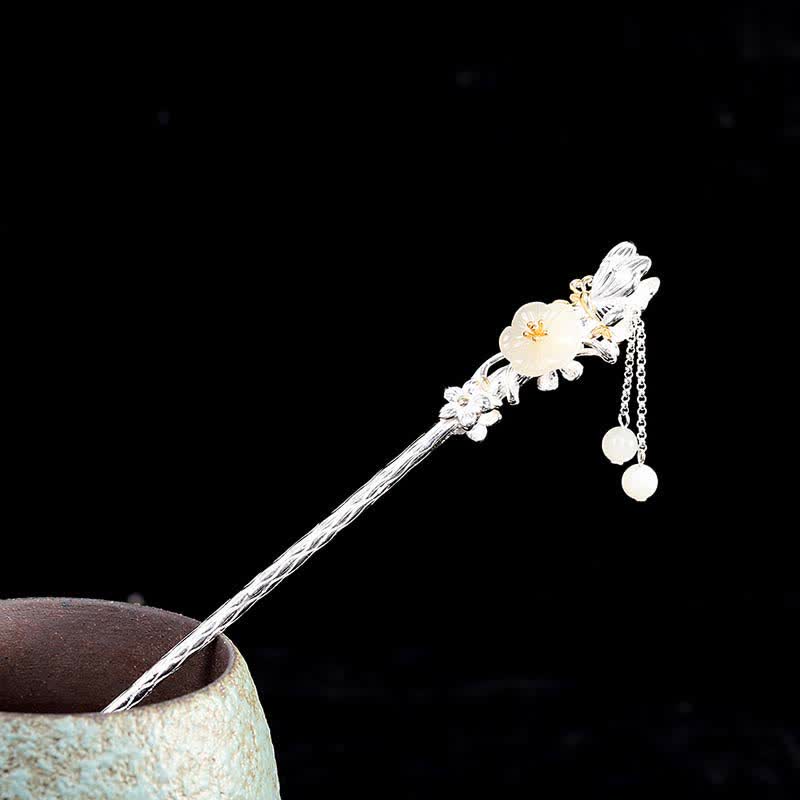 Épingle à cheveux en argent sterling 925 avec fleur de jade blanc Hetian