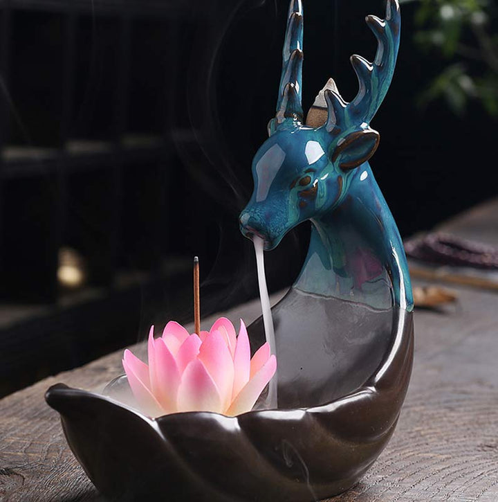 Brûleur d'encens de méditation en céramique Buddha Stones Little Deer Lotus