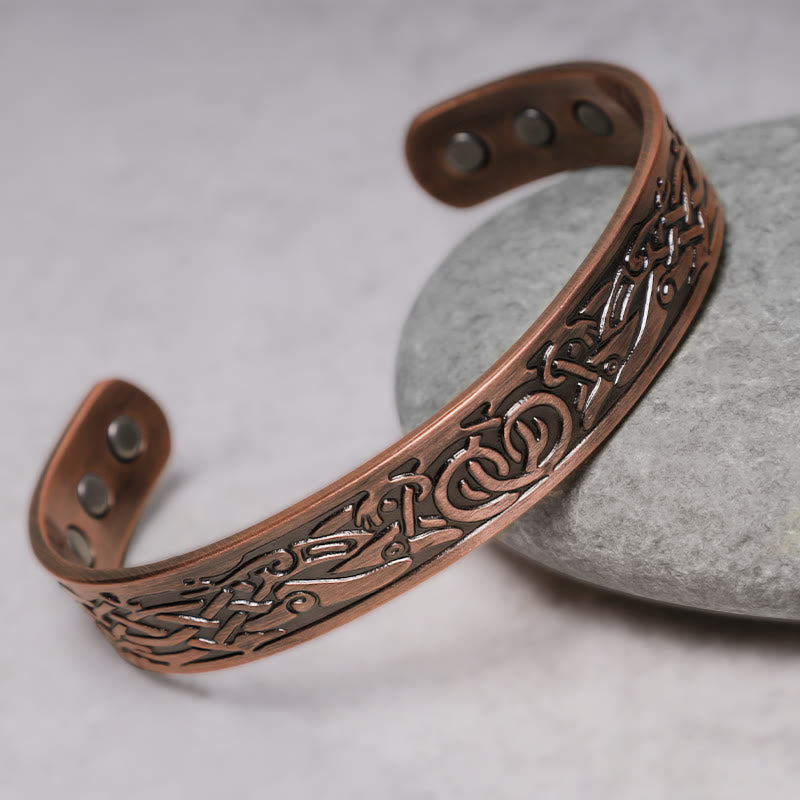Bracelet manchette réglable magnétique en cuivre Buddha Stones et oiseaux vikings