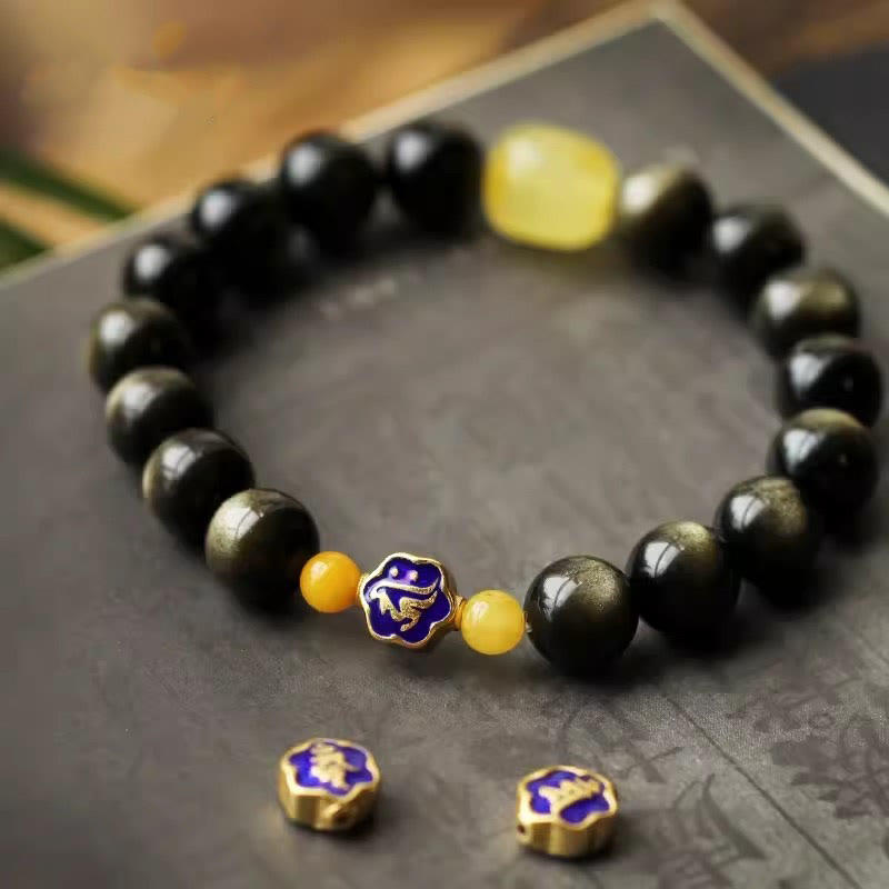Bracelet de protection de richesse en obsidienne et ambre en argent sterling 925 avec Buddha Stones et zodiaque chinois - Chien/Cochon-Bouddha Amitabha - image 0