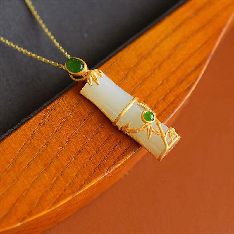 Collier pendentif de protection en bambou et jade blanc et jade cyan Buddha Stones