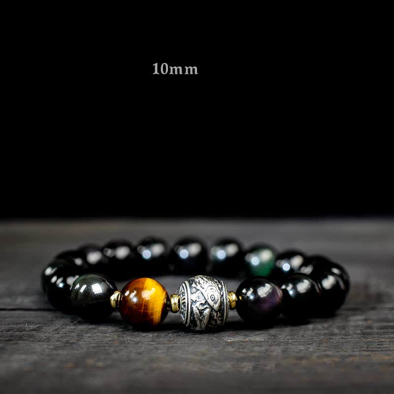 Buddha Stones pour vivre un renversement de fortune Bracelet de protection en obsidienne arc-en-ciel et or brillant
