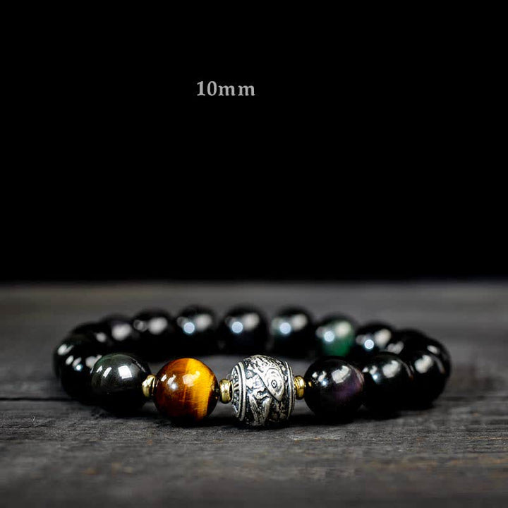 Buddha Stones pour vivre un renversement de fortune Bracelet de protection en obsidienne arc-en-ciel et or brillant