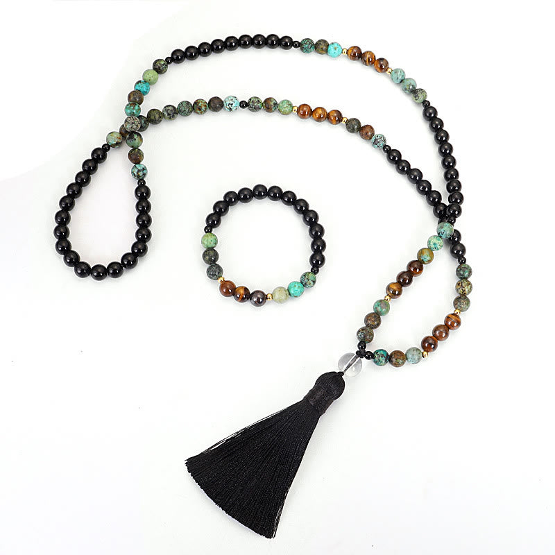 Collier Bracelet Mala 108 Perles Pierre Naturelle Oeil de Tigre Turquoise Protection Force Buddha Stones