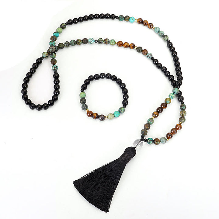 Collier Bracelet Mala 108 Perles Pierre Naturelle Oeil de Tigre Turquoise Protection Force Buddha Stones