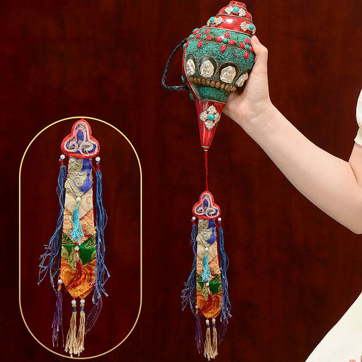 Tibétain fait à la main Shankha Om Mani Padme Hum bouddha Avalokitesvara coquille de conque Turquoise décoration positive - image 11