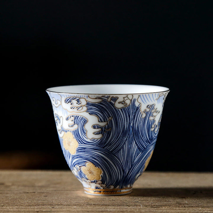 Tasse à thé en céramique avec Buddha Stones et vagues de l'océan vintage