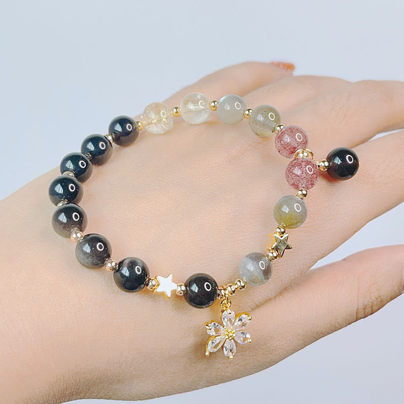 Bracelet de protection en obsidienne naturelle argentée avec Buddha Stones , cœur, étoile, fleur