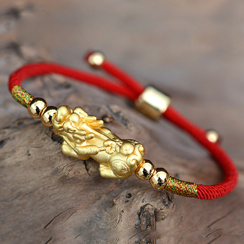 Bracelet porte-bonheur PiXiu en plaqué or 24 carats avec cordon rouge Buddha Stones