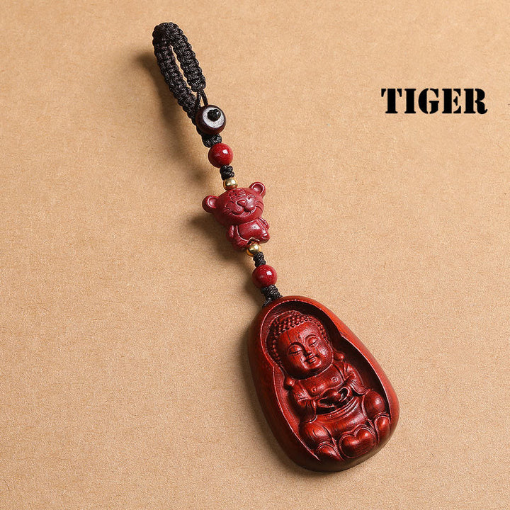 Porte-clés de protection en Buddha Stones en bois de santal rouge à petites feuilles, amulette du zodiaque chinois en cinabre