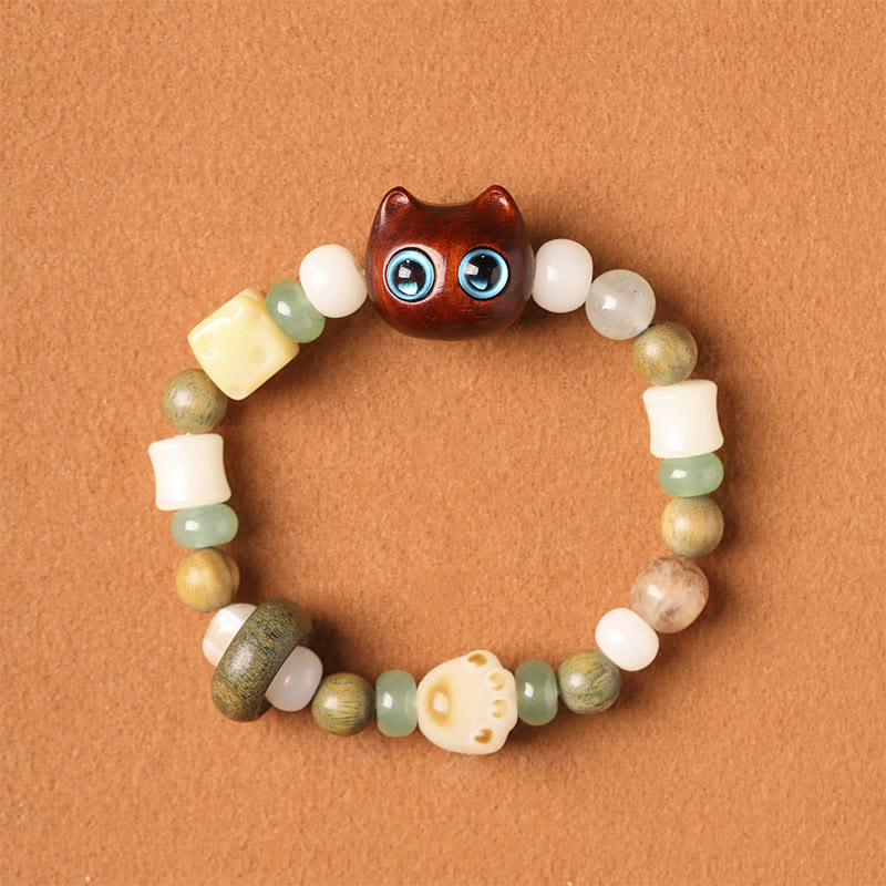 Buddha Stones Graine de Bodhi Bois de santal vert Bois d'ébène Petite feuille Bois de santal rouge Tête de chat Patte Griffe Bracelet de paix - Chat en bois de santal rouge à petites feuilles (yeux bleus) (tour de poignet 14-16 cm) - image 10
