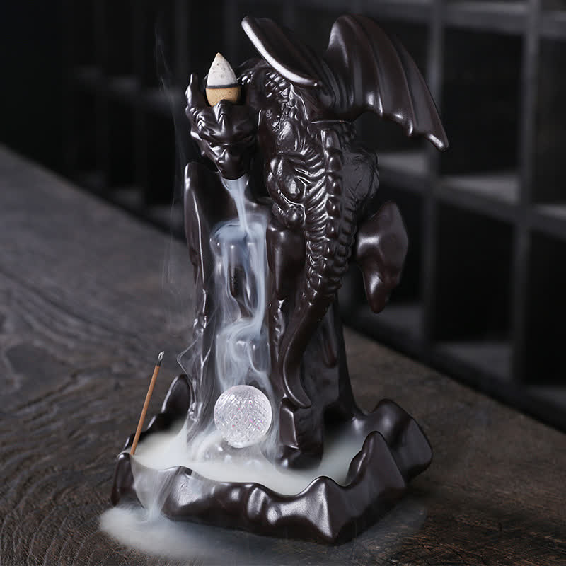 Fontaine à fumée à refoulement en céramique avec dragon nordique, brûleur d'encens de guérison et de méditation, décoration à boule LED