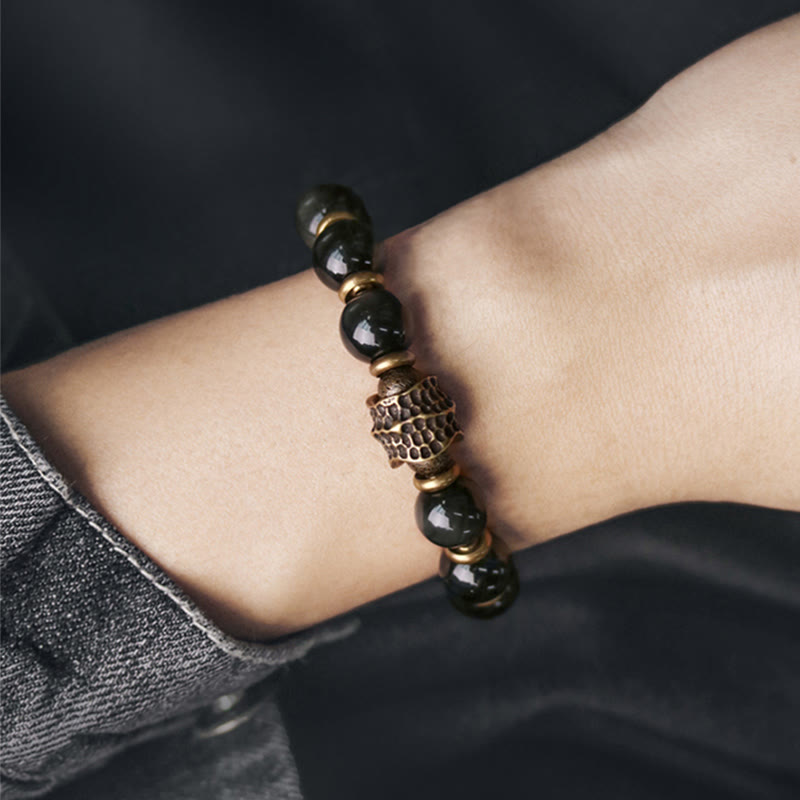 Bracelet de guérison d'amour en cuivre et obsidienne arc-en-ciel avec Buddha Stones