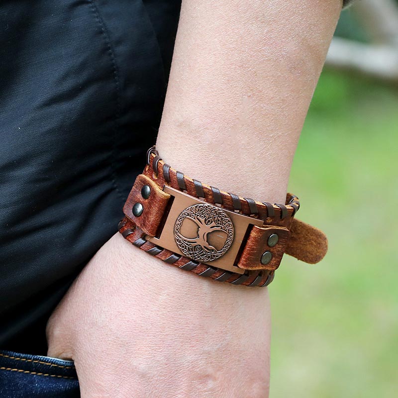 Bracelet en cuir avec Buddha Stones et arbre de vie porte-bonheur