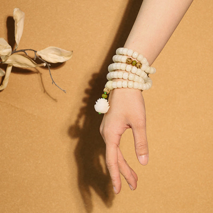 Buddha Stones Jade blanc Bodhi Lotus Mala Collier Harmonie Bracelet - image 5