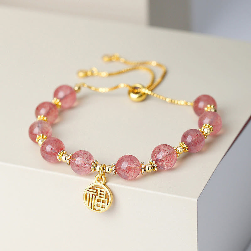 Bracelet à breloques positives en quartz fraise naturel plaqué or 14 carats de Buddha Stones