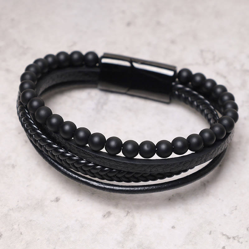 Bracelet en cuir avec perles en pierre de lave naturelle et onyx noir Buddha Stones