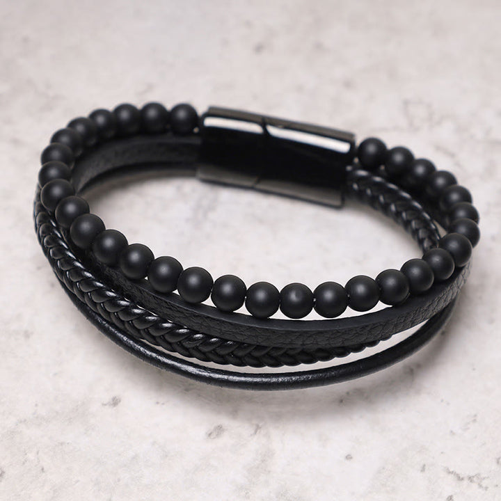 Bracelet en cuir avec perles en pierre de lave naturelle et onyx noir Buddha Stones