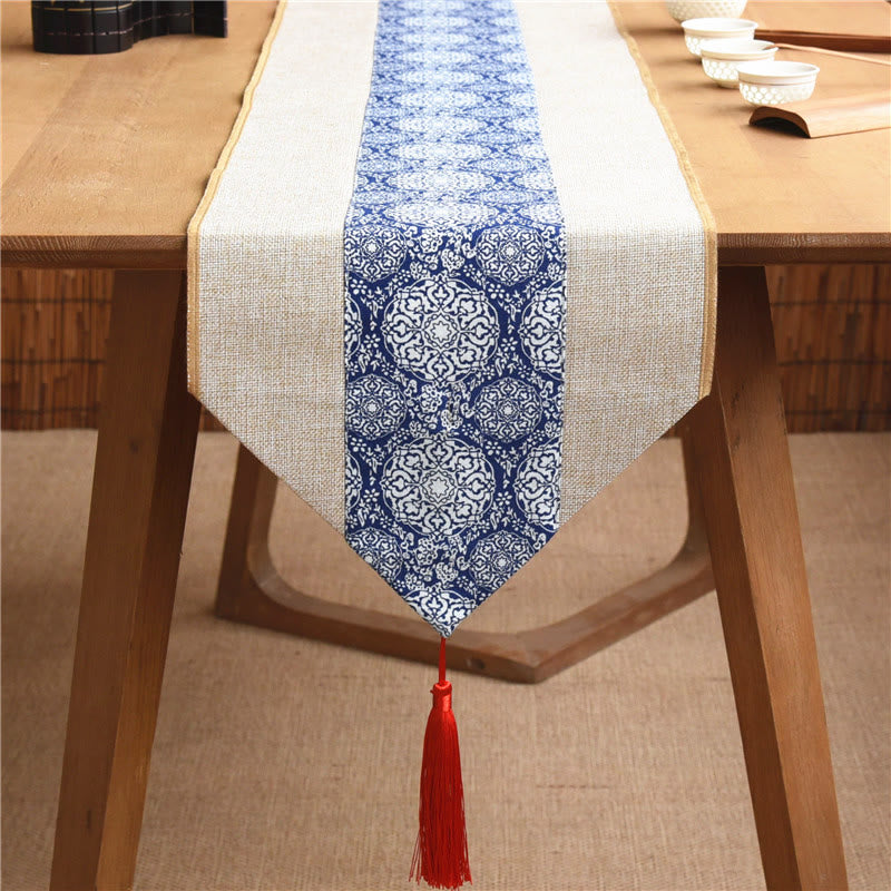 Chemin de table en coton et lin avec pompons, Buddha Stones, style chinois classique, lotus, poisson koï, fleur, grue, calligraphie, illumination