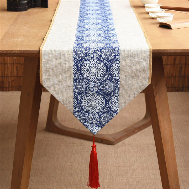 Chemin de table en coton et lin avec pompons, Buddha Stones, style chinois classique, lotus, poisson koï, fleur, grue, calligraphie, illumination
